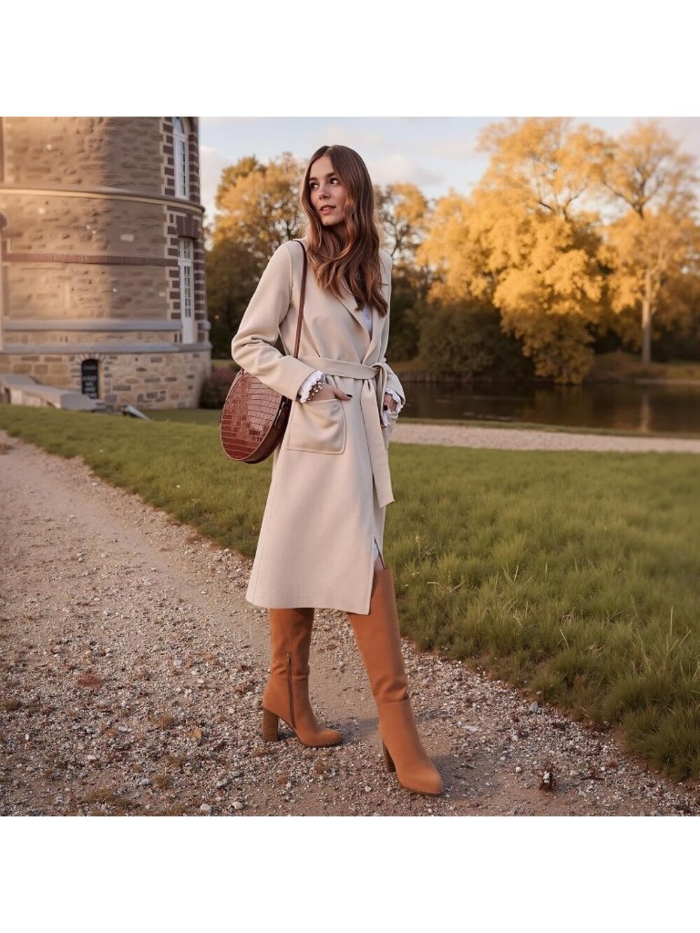 Women's Brown Comfortable Chunky High Heel Round Toe Side Zipper Knee High Boots - Picture 4 of 6